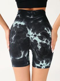 High Waist Tummy Control Yoga Shorts For Women, Tie-Dye Ruched Booty Lifting Workout Fitness Shorts, Hip Lifting Sports Activewear (Color: Blue, size: L)