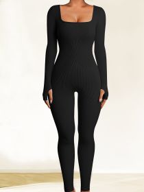 2024 New European and American seamless yoga jumpsuit dance fitness sports jumpsuit tight long-sleeved yoga suit wom (Color: BLACK, size: L)